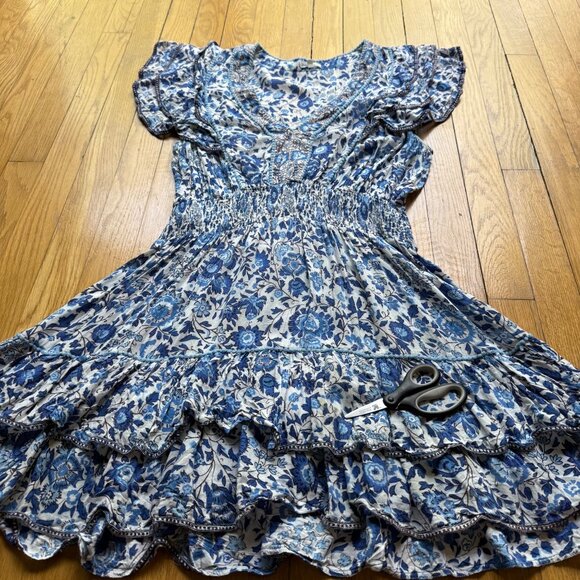 Poupette St Barth Size L Blue Floral Camila Ruffled Mini Tiered Dress - Picture 2 of 16
